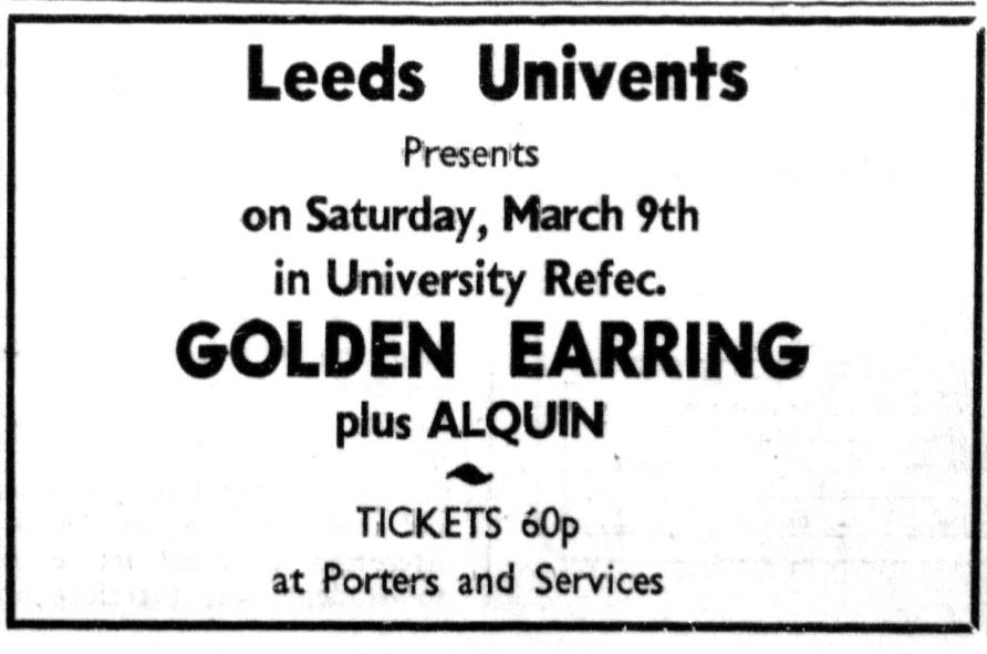 Golden Earring March 09 1974 concert ad Leeds - University Refectory